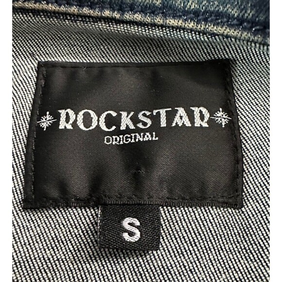 ROCKSTAR ORIGINAL Distressed Full Zip Patchwork Denim Jean Jacket Size Small EUC - Picture 5 of 7